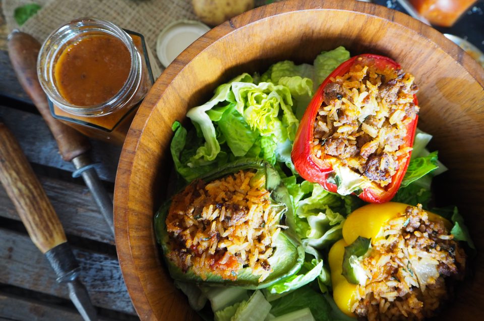Spiced lamb stuffed peppers with chilli, tomato, and ginger jam
